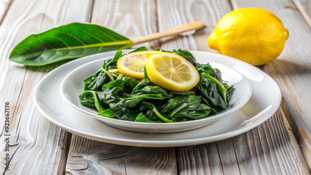 Freshly steamed bundle of nutrient-rich green spinach leaves served on a white ceramic plate, garnished with a lemon wedge, against a light wooden background. Freshly steamed bundle of nutrient-rich green spinach leaves served on a white ceramic plate, garnished with a lemon wedge, against a light wooden background.