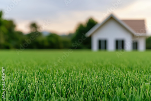 Wallpaper Mural Close-up of lush green grass with a blurred white house in the background, surrounded by trees under a cloudy sky. Peaceful suburban scene. Torontodigital.ca