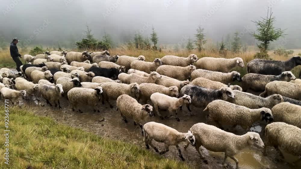 Ukraine, Carpathians - mountains, pasture, meadow, Transcarpathia - sheep graze in foggy forests and mountains to produce milk and cheese, wool and meat Ukraine, Carpathians - mountains, pasture, meadow, Transcarpathia - sheep graze in foggy forests and mountains to produce milk and cheese, wool and meat