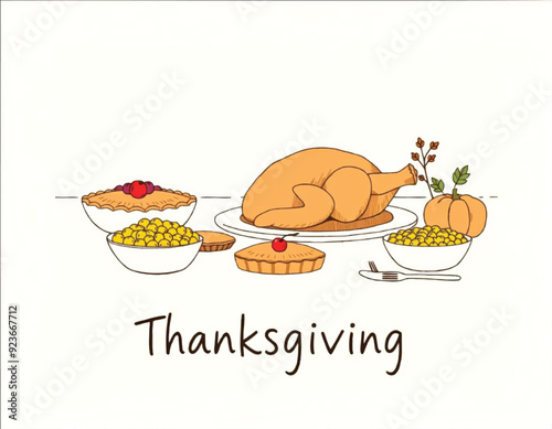 a hand drawing sketch of a turkey and thanksgiving traditional foods on a white background