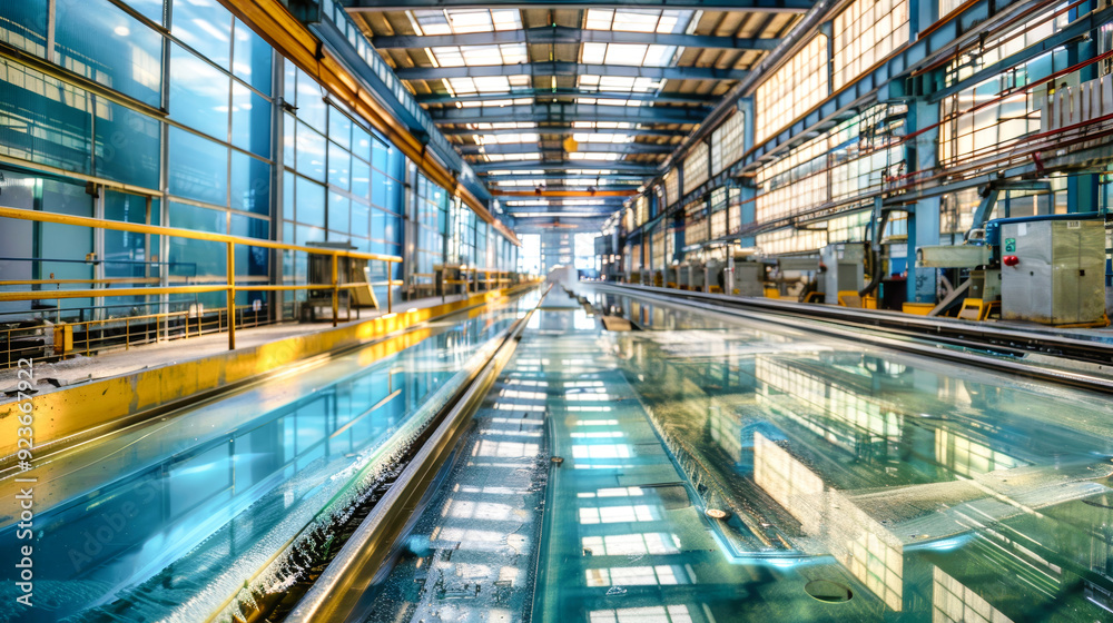Bright daylight streams through a glass factory, illuminating the sophisticated machinery and pristine surfaces of the sheet glass production process Bright daylight streams through a glass factory, illuminating the sophisticated machinery and pristine surfaces of the sheet glass production process