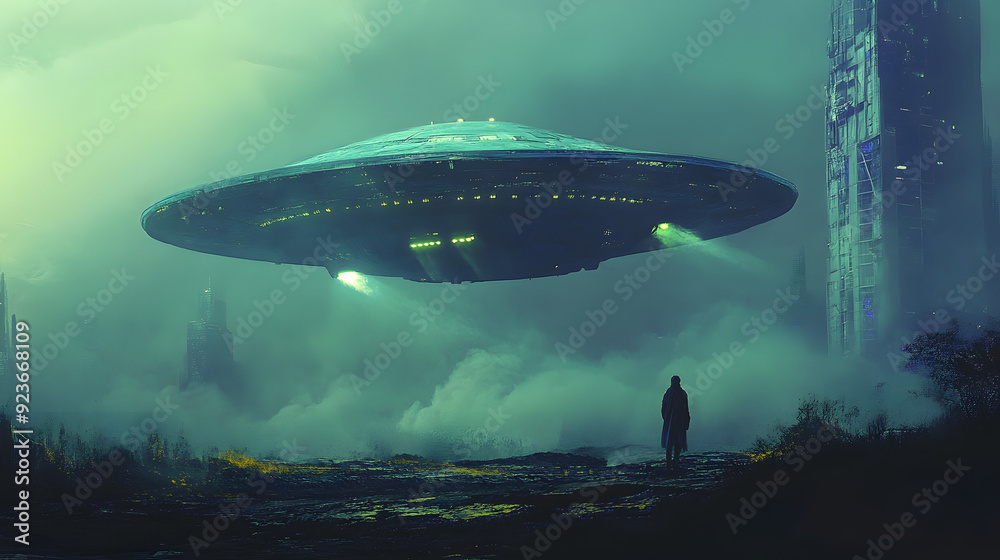 UFO spotting, alien spaceship illustration, extraterrestrial life UFO spotting, alien spaceship illustration, extraterrestrial life