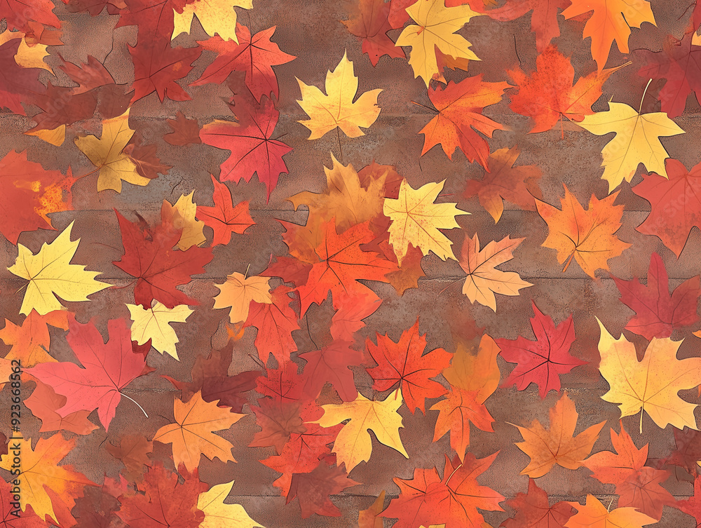 Maple leaves in autumn hues of orange, red, and yellow, scattered across a textured surface, seamless pattern Maple leaves in autumn hues of orange, red, and yellow, scattered across a textured surface, seamless pattern