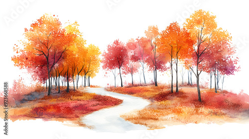 Beautiful watercolor illustration of a winding path through a vibrant autumn forest filled with orange and red trees.