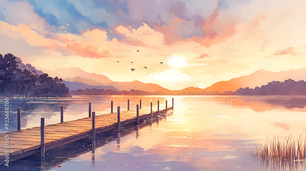 Fototapeta premium A serene sunset over a calm lake, featuring a wooden pier and vibrant sky reflections, perfect for relaxation and inspiration.