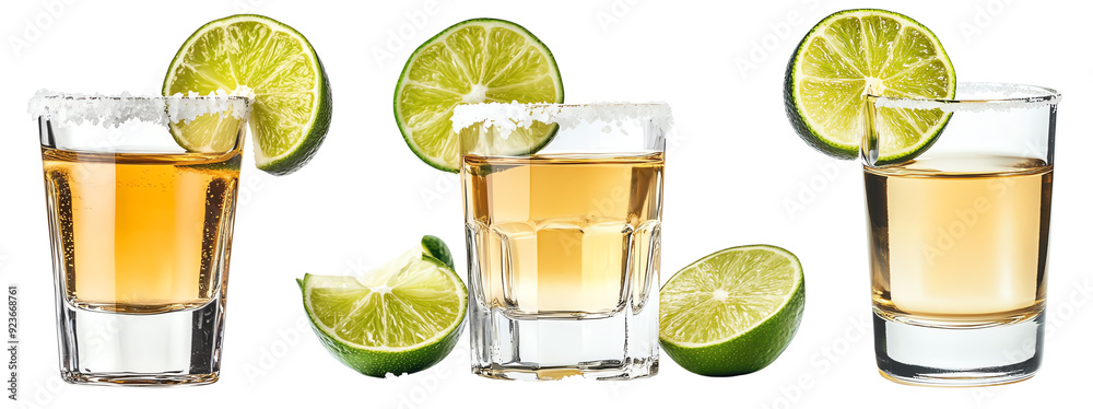 Obraz premium Three tequila shots with lime slices and salt, isolated on a white background. Perfect for party and celebration concepts.