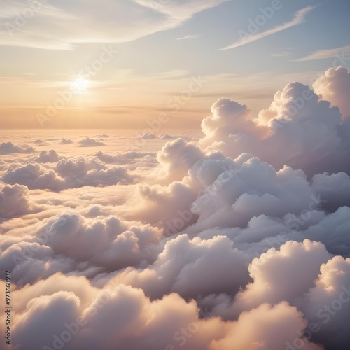 Above clouds, a serene morning scene above soft, billowy clouds, with a gentle golden light illuminating the clouds, and a few light wispy clouds scattered across the sky photo