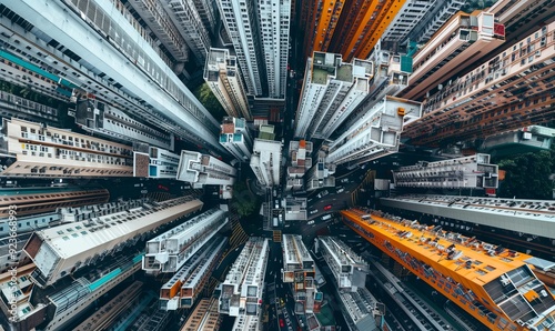 Wide-angle cityscape, exaggerated perspective, towering buildings, urban sprawl