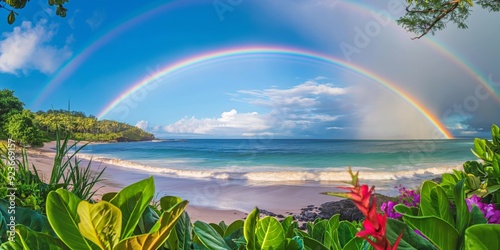 A beautiful rainbow is seen over a beach with a clear blue sky. The beach is surrounded by lush green plants and flowers, creating a serene and peaceful atmosphere