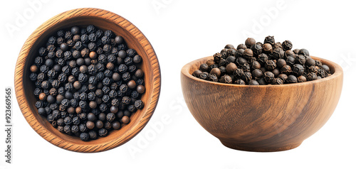 Two wooden bowls filled with whole black peppercorns. High resolution image of aromatic spices perfect for culinary uses and food photography. photo