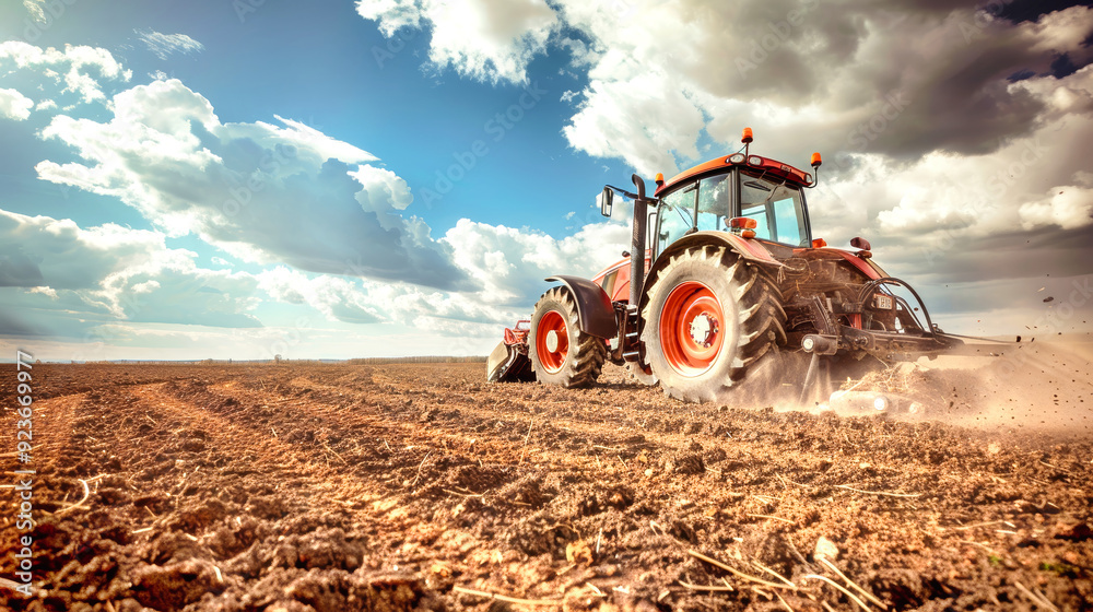 Fototapeta premium A powerful tractor diligently cultivates the earth, creating dust clouds against a stunning sky filled with dramatic clouds