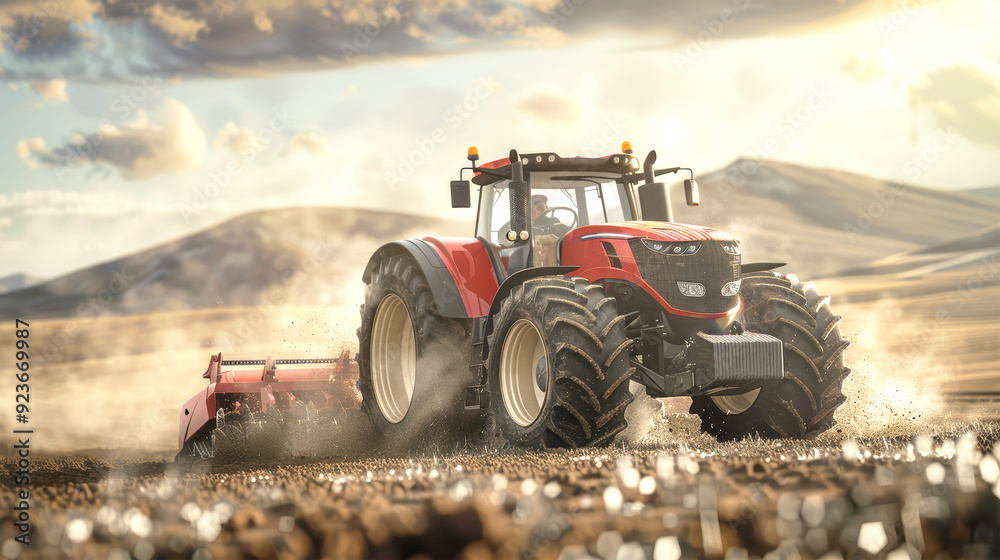 Obraz premium A powerful tractor expertly plows a field, creating clouds of dust as the sun sets behind the mountains, illuminating a serene rural landscape