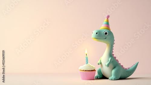 A dinosaur wearing a birthday hat next to a cupcake on a neutral background, blending fun and whimsy. Perfect for themes of celebration, kids' parties, and playful designs photo