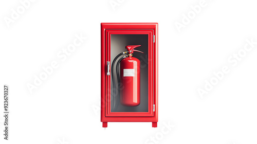 Red fire extinguisher in a red glass cabinet. Safety equipment isolated on a white background for fire emergency preparedness.