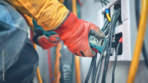 An electrician works diligently with tools and cables, focused on his task amidst a construction site's vibrant activity and clean, crisp surroundings