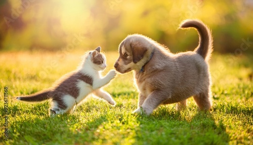 cute puppy and kitten playing together as friends 