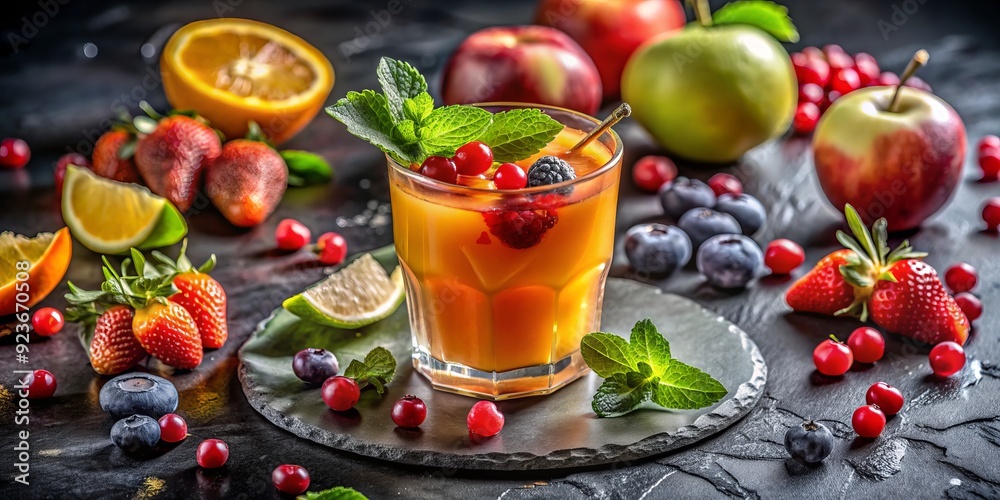 gourmet cuisine close-up shot of artistic juice design on glass surface with fresh fruits and garnishes on dark stone background with shallow depth gourmet cuisine close-up shot of artistic juice design on glass surface with fresh fruits and garnishes on dark stone background with shallow depth