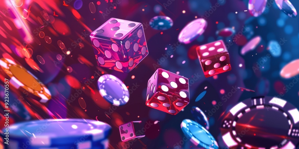 With flying chips, golden coins, and dice, this casino background is realistic With flying chips, golden coins, and dice, this casino background is realistic