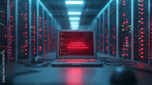 Laptop with red error code on screen in futuristic server room, highlighting cybersecurity vulnerability and hacking threats.