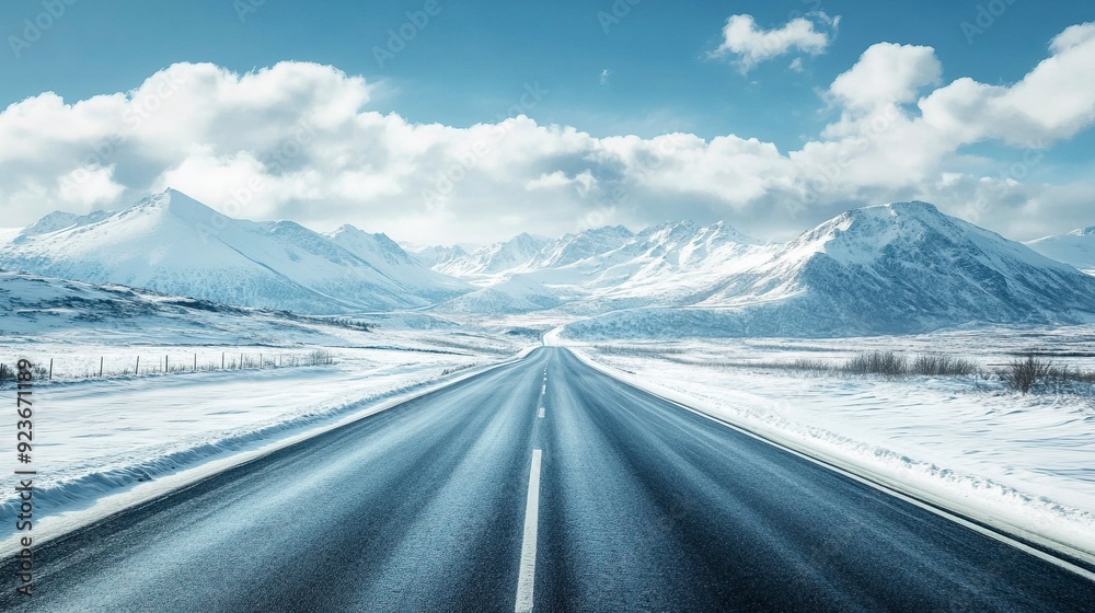 custom made wallpaper toronto digitalStraight asphalt highway road and snow mountains with sky clouds natural landscape. car background. Generative ai