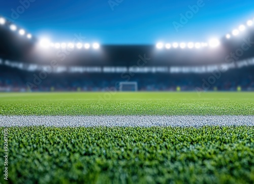 Close-up of a soccer field under stadium lights at night, featuring green grass and a goalpost with blurred stands in the background.