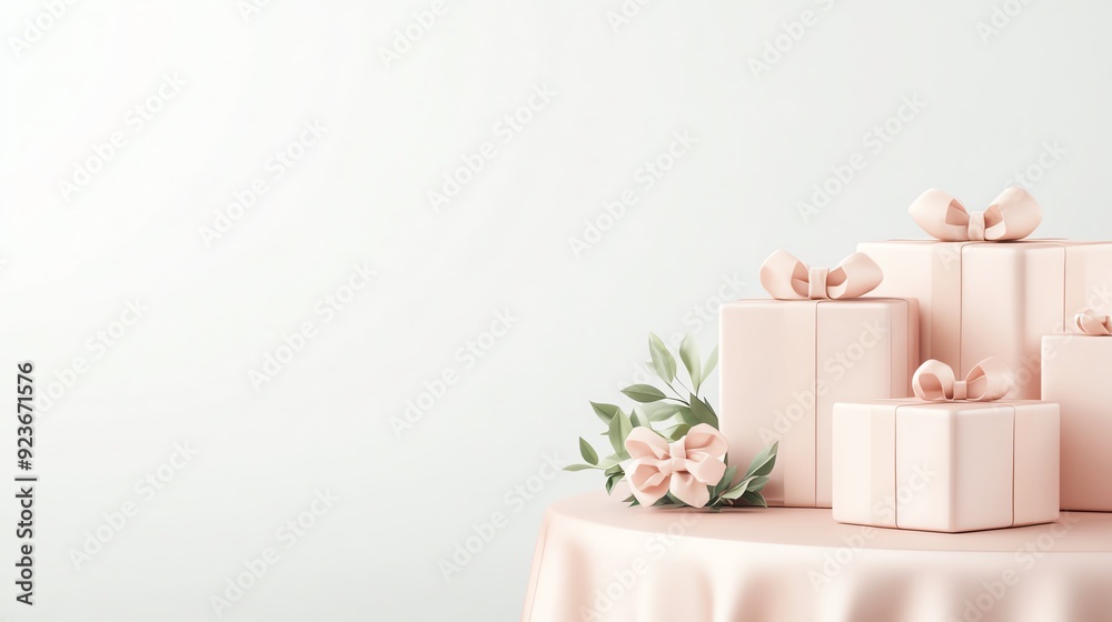 Elegant pastel pink gift boxes with bows arranged on a round table, adorned with floral decorations, perfect for celebrations and special occasions. Elegant pastel pink gift boxes with bows arranged on a round table, adorned with floral decorations, perfect for celebrations and special occasions.