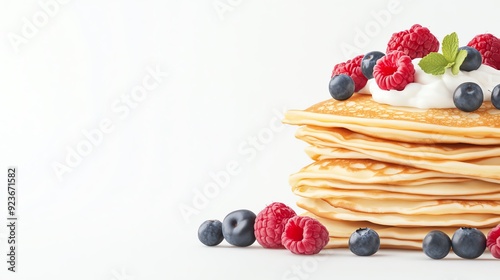 Stack of pancakes topped with fresh raspberries, blueberries, and whipped cream on a white background. Perfect for breakfast or dessert.