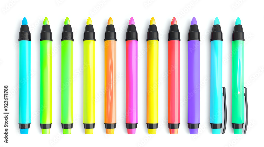 A row of colorful pens with a black tip A row of colorful pens with a black tip