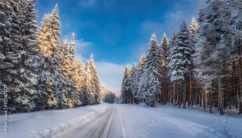 Snow-covered forest road under a clear blue sky, surrounded by tall evergreen trees dusted with snow on a sunny winter day.