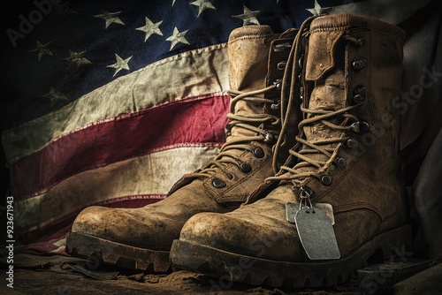 Worn Military Boots Resting on Faded American Flag