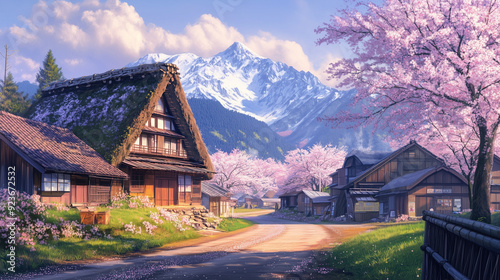 Japan house in Full Bloom of Cherry Blossoms