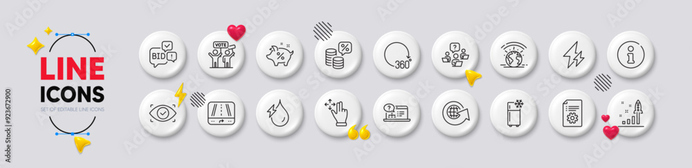 Bid offer, Money tax and Teamwork question line icons. White buttons 3d icons. Pack of Info, Technical documentation, Move gesture icon. Electricity, World globe, Loan percent pictogram. Vector Bid offer, Money tax and Teamwork question line icons. White buttons 3d icons. Pack of Info, Technical documentation, Move gesture icon. Electricity, World globe, Loan percent pictogram. Vector