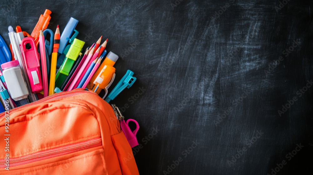 Backpack packed with school supplies in front of a black school board background. Backpack packed with school supplies in front of a black school board background.