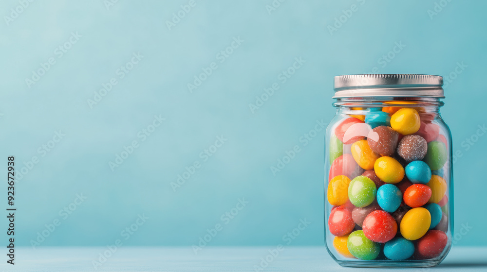 Bright and colorful candy in a glass jar against a blue background. Ideal for sweet-themed projects, advertisements, and confections branding. Bright and colorful candy in a glass jar against a blue background. Ideal for sweet-themed projects, advertisements, and confections branding.