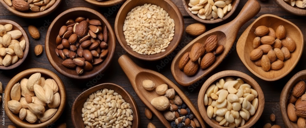 Assortment of Almonds and Other Nuts in Wooden Bowls Assortment of Almonds and Other Nuts in Wooden Bowls