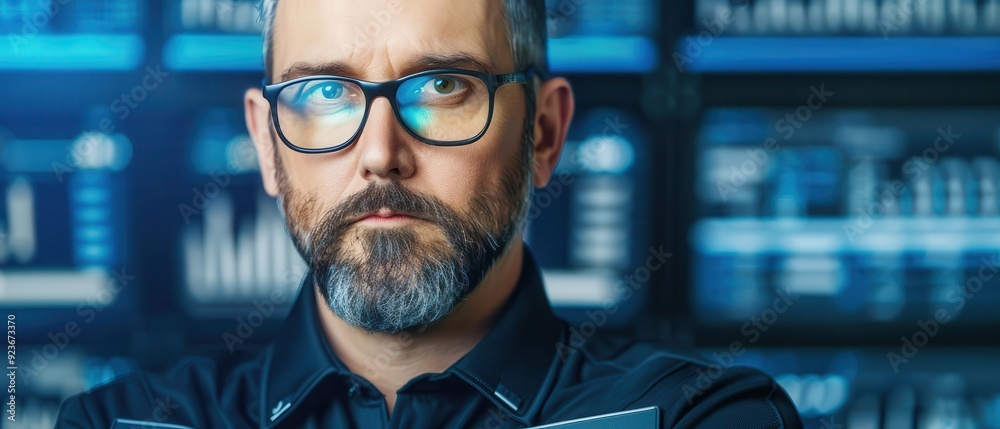 Cyber cop, monitoring digital traffic, holographic screens, urban command center Cyber cop, monitoring digital traffic, holographic screens, urban command center