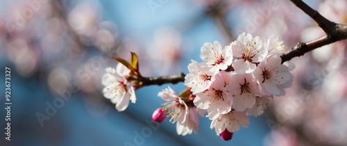 Delicate Pink Cherry Blossoms on a Branch Against a Blurred Blue Sky