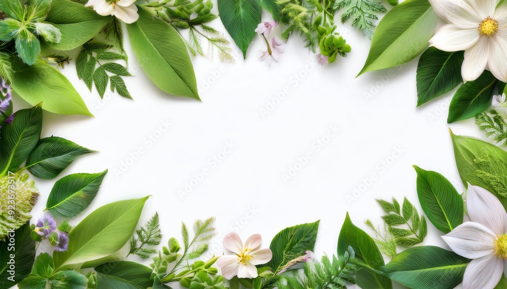 Naklejka premium Elegant floral border with various green leaves and white flowers on a clean white background, ideal for invitations or nature themes.