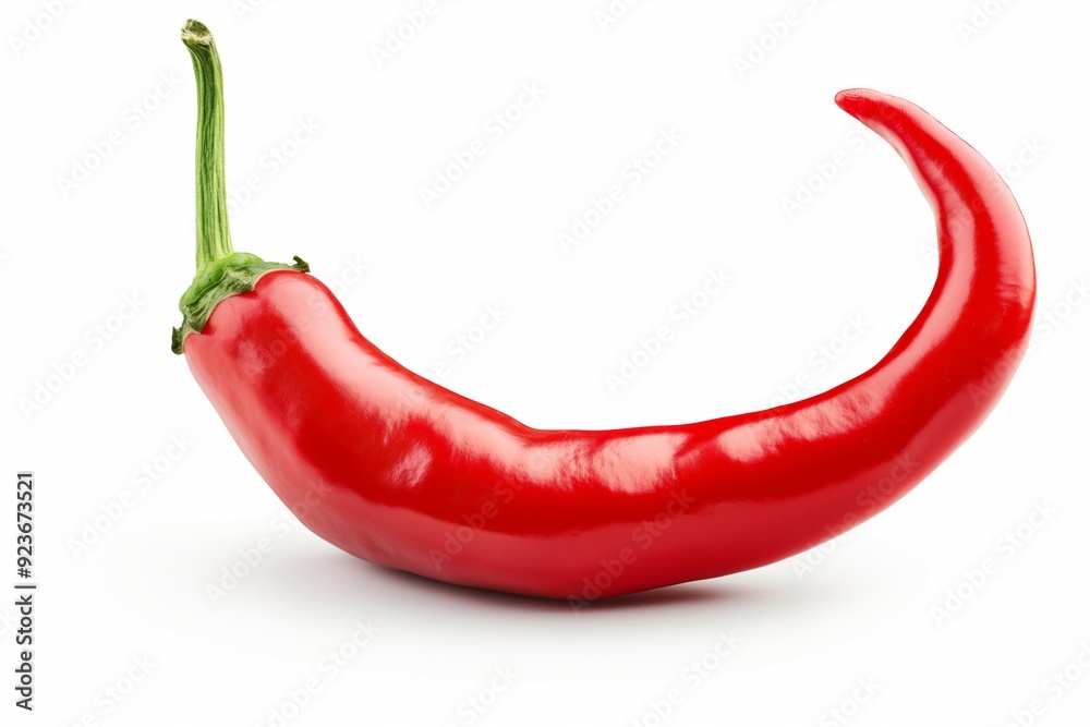 A red chili pepper with a green stem. The pepper is long and curved. It is the only object in the image