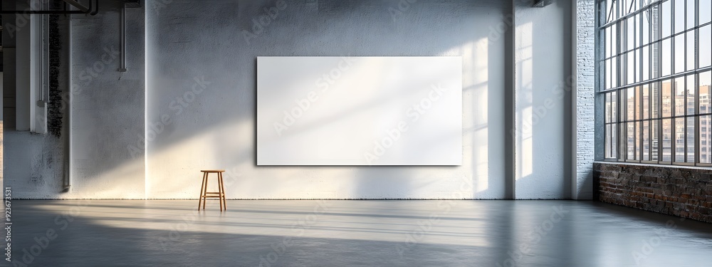A white, blank canvas on the wall in a loft interior A white, blank canvas on the wall in a loft interior
