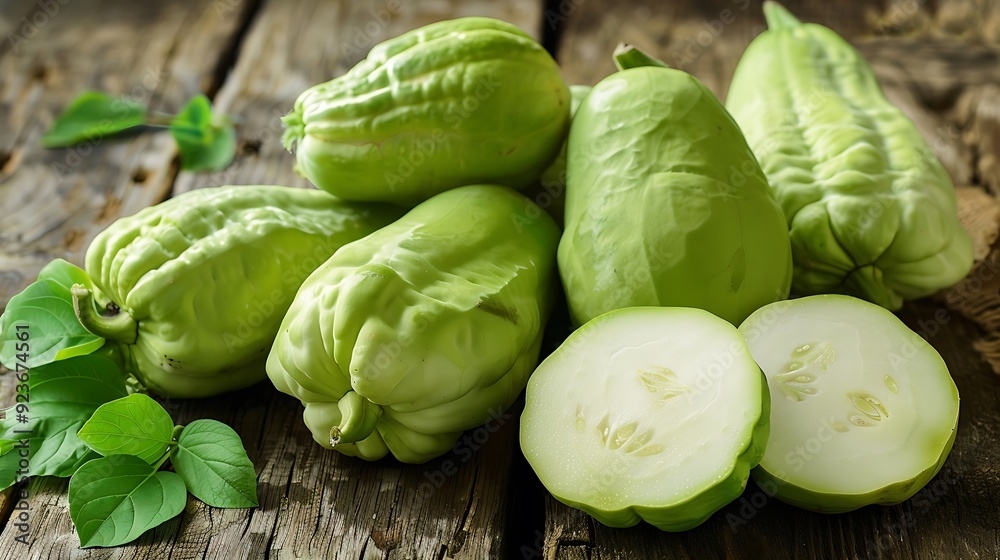 Fresh chayote fruits, including whole and sliced pieces with pale green flesh, artistically arranged on a rustic wooden surface with green leaves to highlight natural and healthy food styling Fresh chayote fruits, including whole and sliced pieces with pale green flesh, artistically arranged on a rustic wooden surface with green leaves to highlight natural and healthy food styling