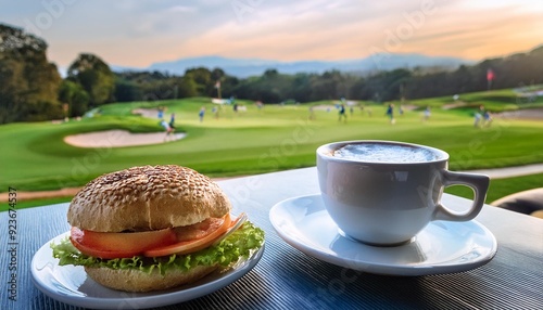 A turkey hamburger in a coffee overlooking a golf field with golfers playing., generative IA