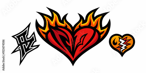 Heart tattoo Neo tribal set, gothic rock flame shape kit, vector u2k abstract love logo concept. Valentine punk retro sticker collection, neotribal web goth decoration. Stylised heart tattoo prints