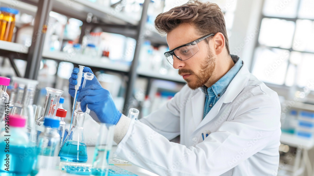 Researcher Conducting Laboratory Experiment wearing protective glasses and gloves Researcher Conducting Laboratory Experiment wearing protective glasses and gloves
