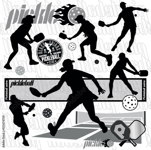 Silhouettes of 6 pickleball players (3 girls and 3 guys} 2