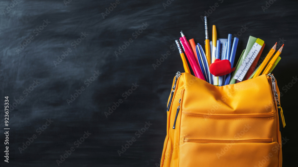 Backpack packed with school supplies in front of a black school board background. Backpack packed with school supplies in front of a black school board background.
