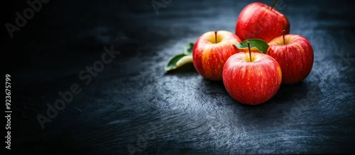 Obraz  z motywem A group of fresh red apples with leaves next to a yellow pencil on a dark slate background, symbolizing education and healthy eating. 
