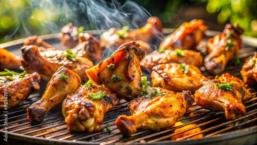 Juicy grilled chicken wings sizzling on a charcoal grill, smoke rising, with a savory, spicy aroma filling the air on a warm summer afternoon. Juicy grilled chicken wings sizzling on a charcoal grill, smoke rising, with a savory, spicy aroma filling the air on a warm summer afternoon.