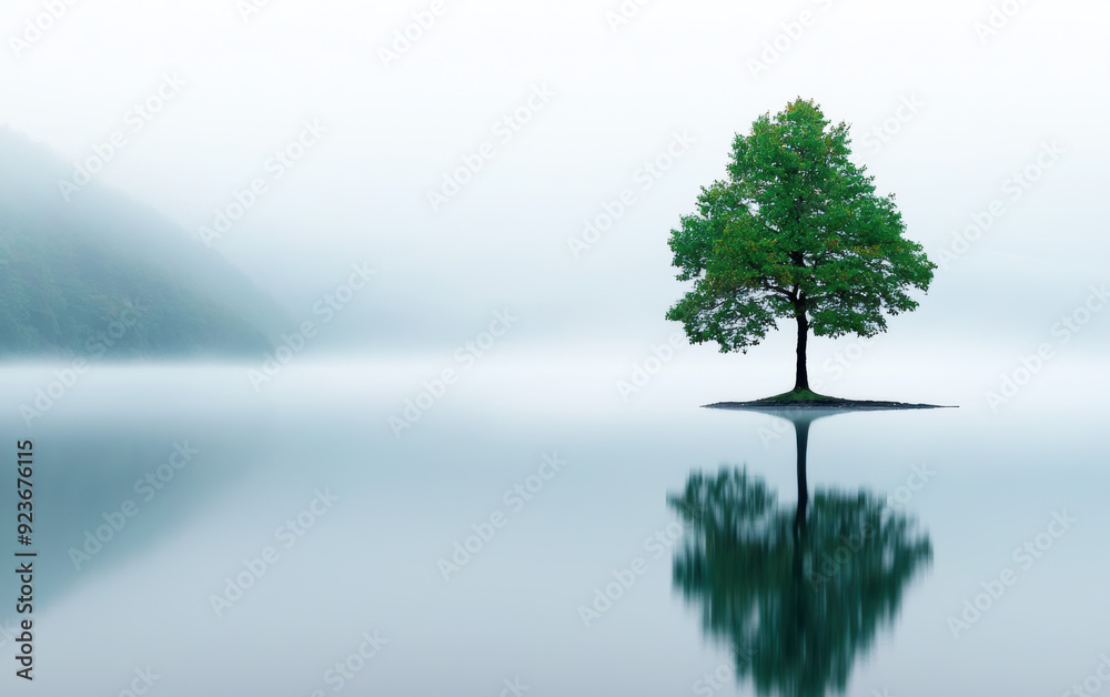 Obraz premium A solitary tree stands gracefully in the middle of a mist-covered lake, reflecting in the calm waters, creating a serene and tranquil natural scene.