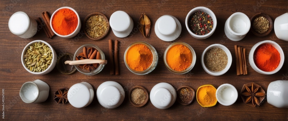 Assortment of Spices and Herbs in Bowls on Wooden Surface Assortment of Spices and Herbs in Bowls on Wooden Surface